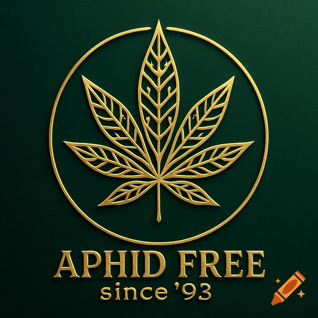 A gold embossed cannabis leaf logo inside a gold circle on a dark green background, with the text "APHID FREE since '93" below it.