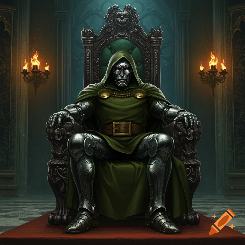 Dr. Doom in full armor sits menacingly on a large, ornate throne in a dark, gothic chamber with torchlight.