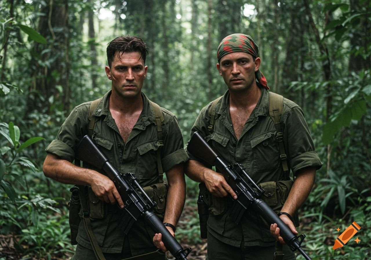 Two stern American soldiers in green uniforms holding rifles in a dense jungle.