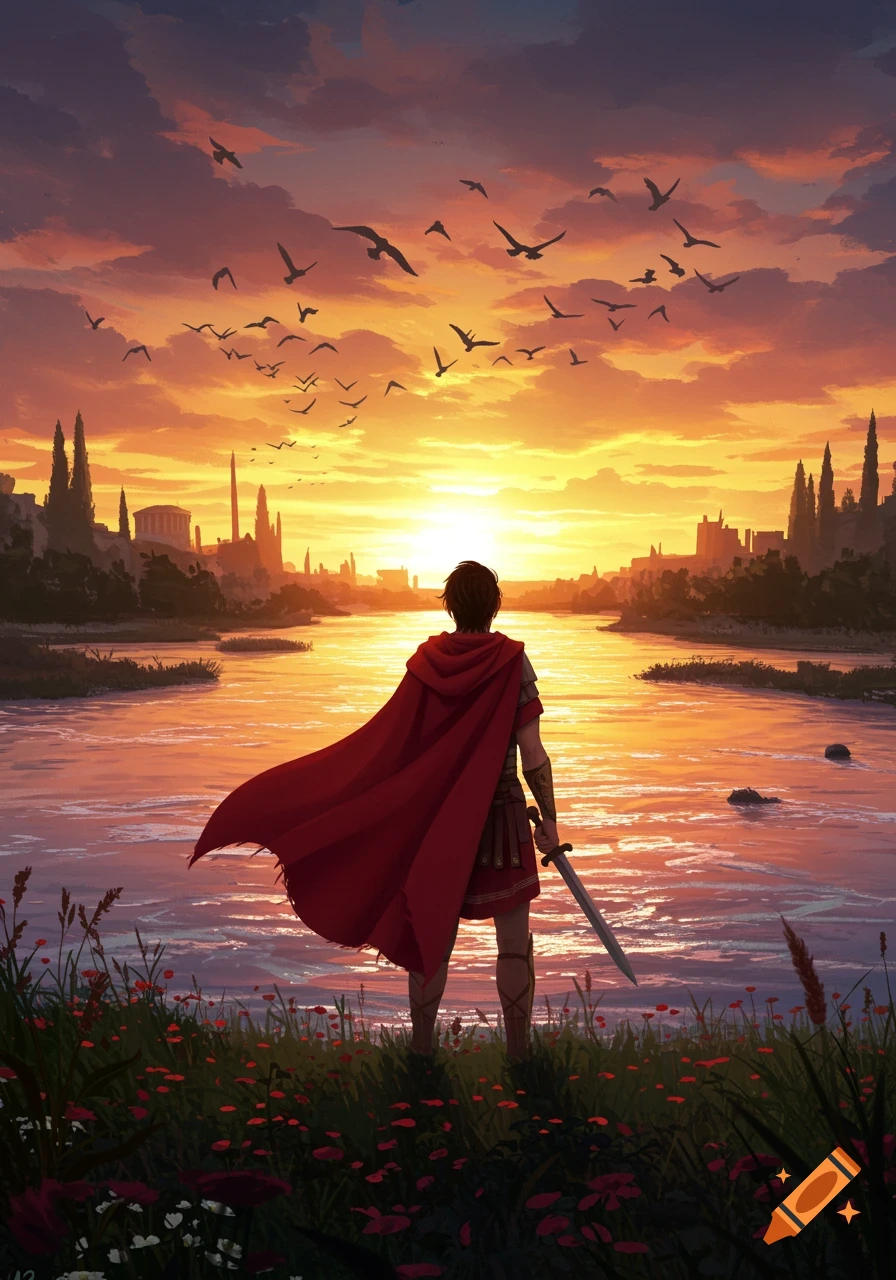 A figure in a red cape and Roman armor stands by a river, watching the sunset over an ancient city with birds flying.