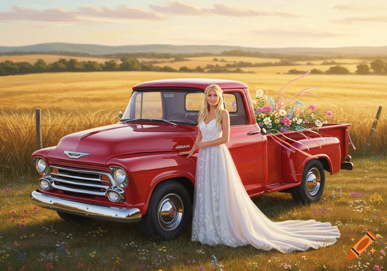 A blonde woman in a white wedding dress stands next to a red vintage pickup truck filled with flowers in a golden field at sunset, in a painterly style.
