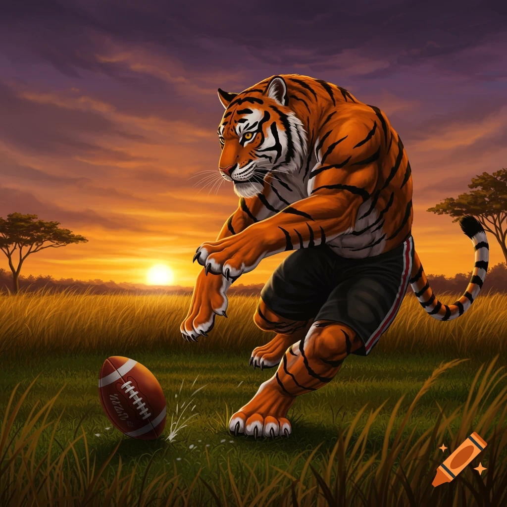 A muscular tiger wearing shorts kicks a football in a savanna landscape with a vibrant sunset.