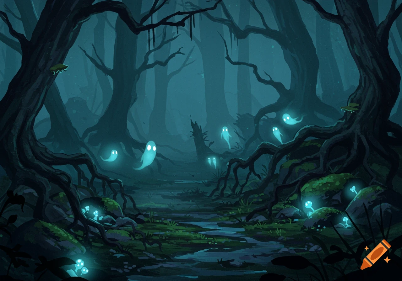 A dark, eerie forest with twisted trees and glowing blue ghost-like figures and luminescent mushrooms along a stream.