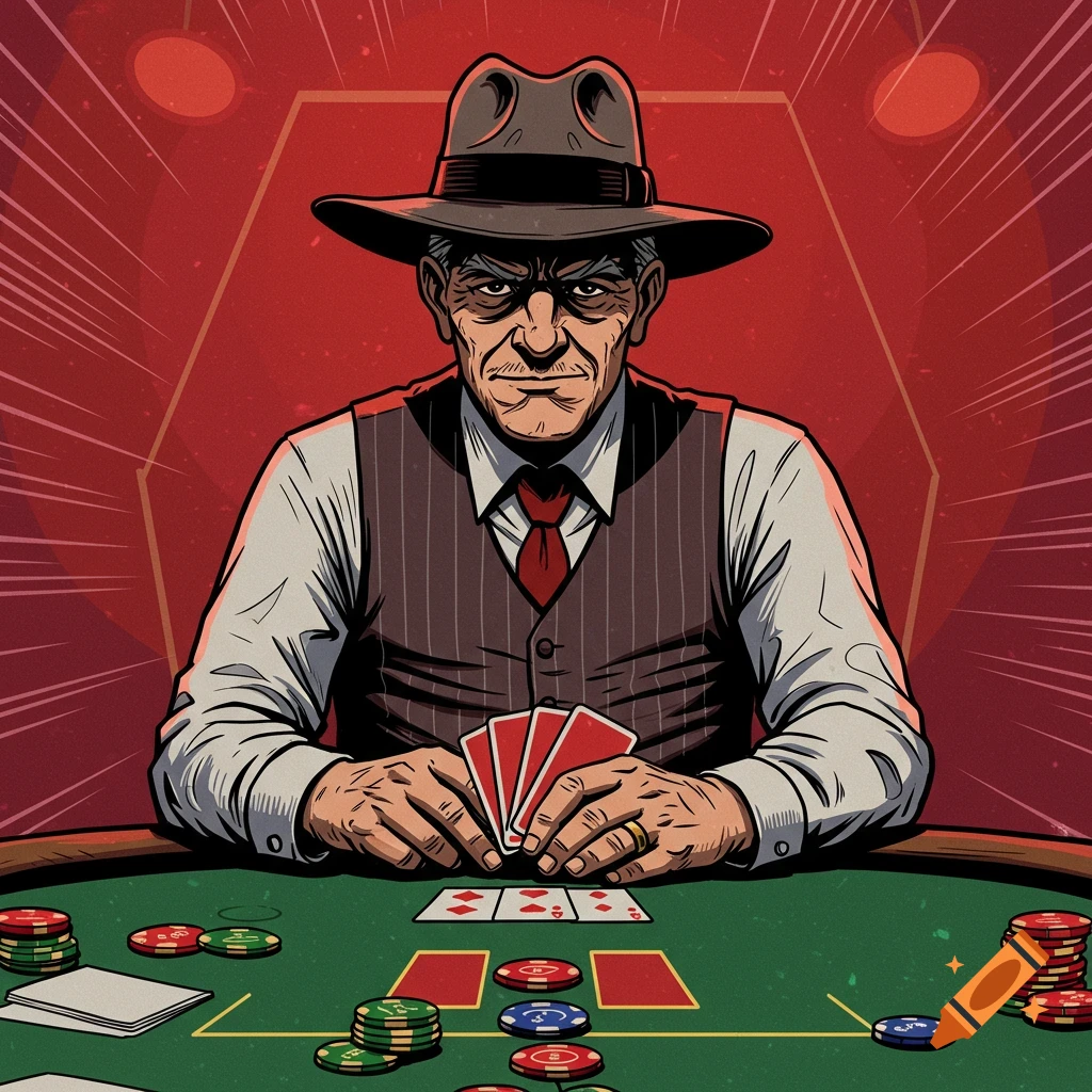 An old man in a hat and vest plays poker, holding cards and surrounded by poker chips, in a comic book art style.