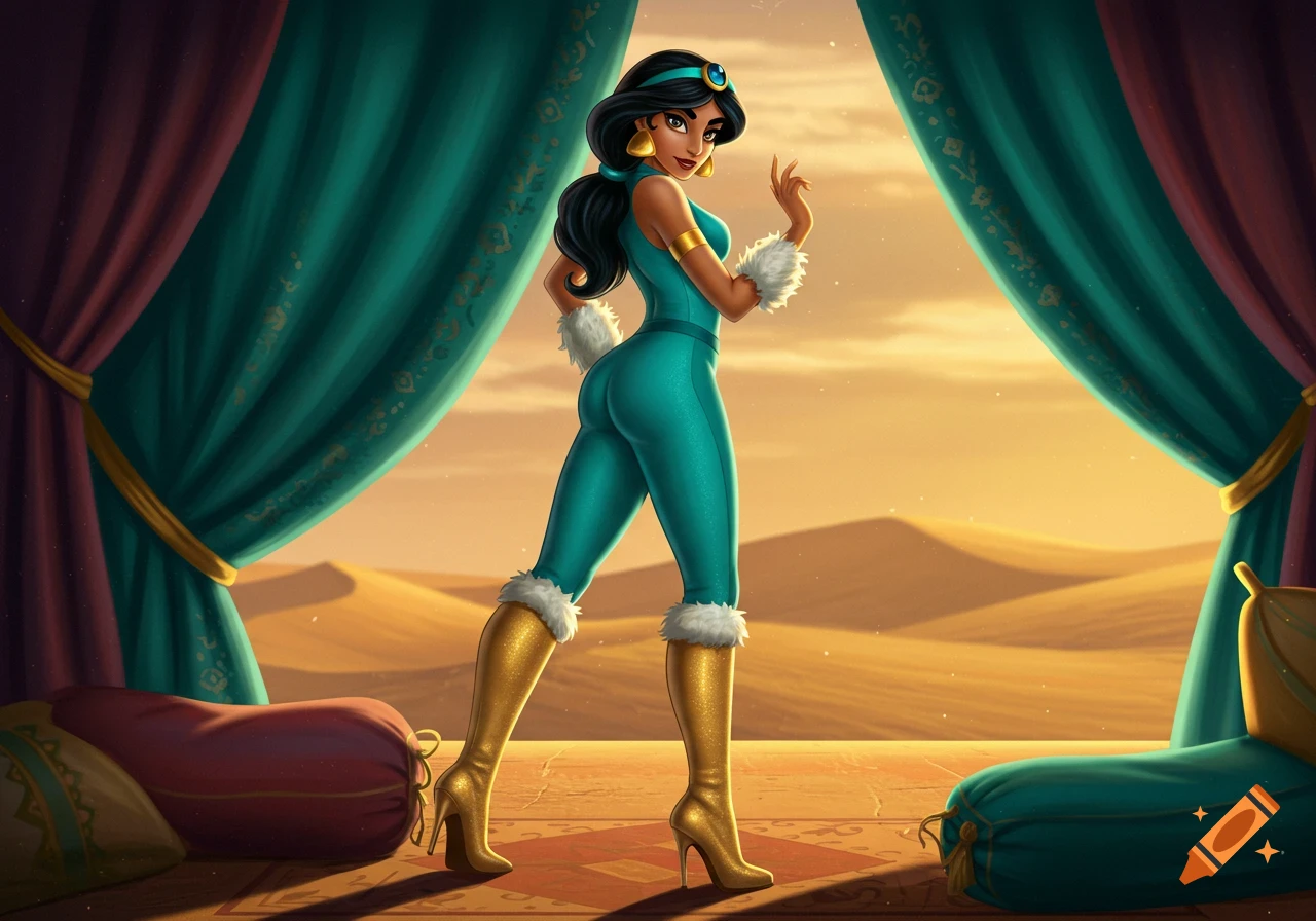 Princess Jasmine in a tight cyan athletic suit, gold fur-lined boots, and gloves, posing in a desert tent at sunset. Digital art.