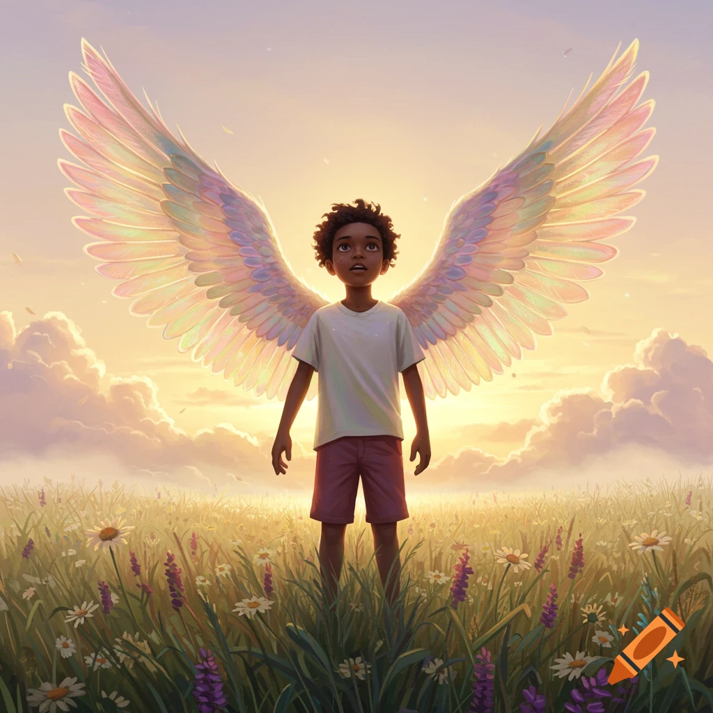 Young boy with iridescent wings stands in a wildflower field at sunset, looking skyward. Digital illustration.