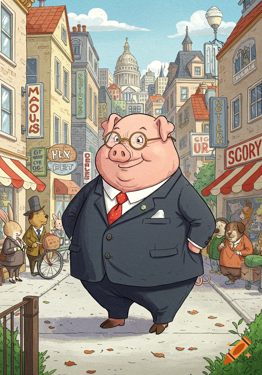 An anthropomorphic pig wearing a suit and glasses stands on a city street, with other animal characters and buildings in the Richard Scarry style.
