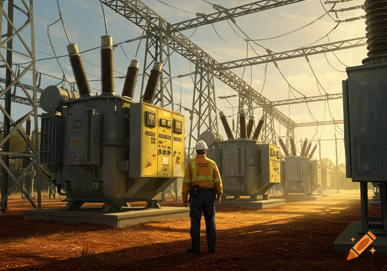 A worker in a yellow safety vest and hard hat stands in an electrical substation with large transformers and power lines under a clear sky.