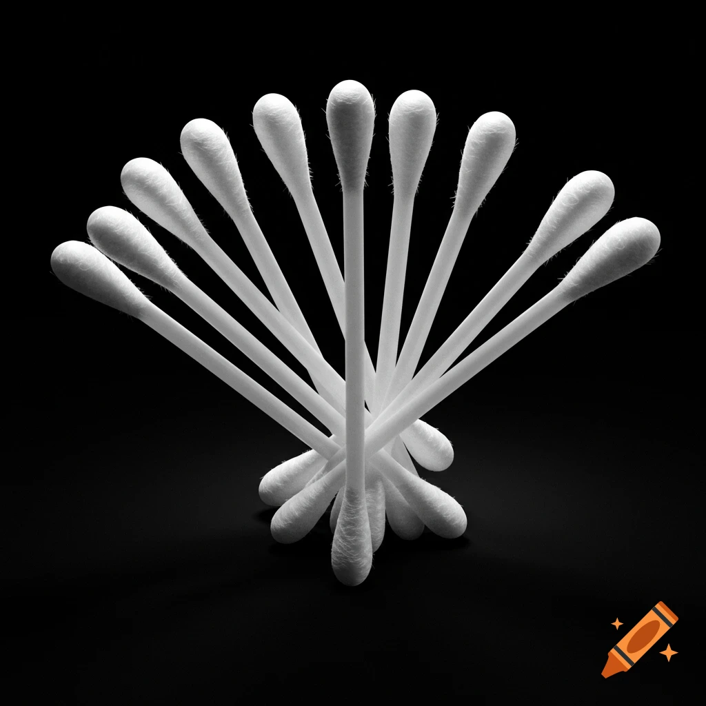 A fan-like arrangement of white cotton swabs with textured tips on a black background, photographed in a clean, high-contrast style.