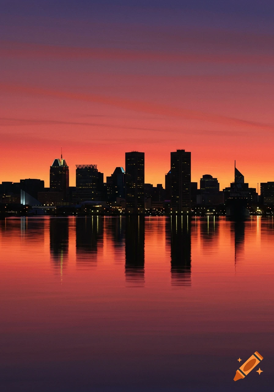 A silhouetted city skyline with illuminated buildings reflects in still water under a vibrant orange and purple sunset.