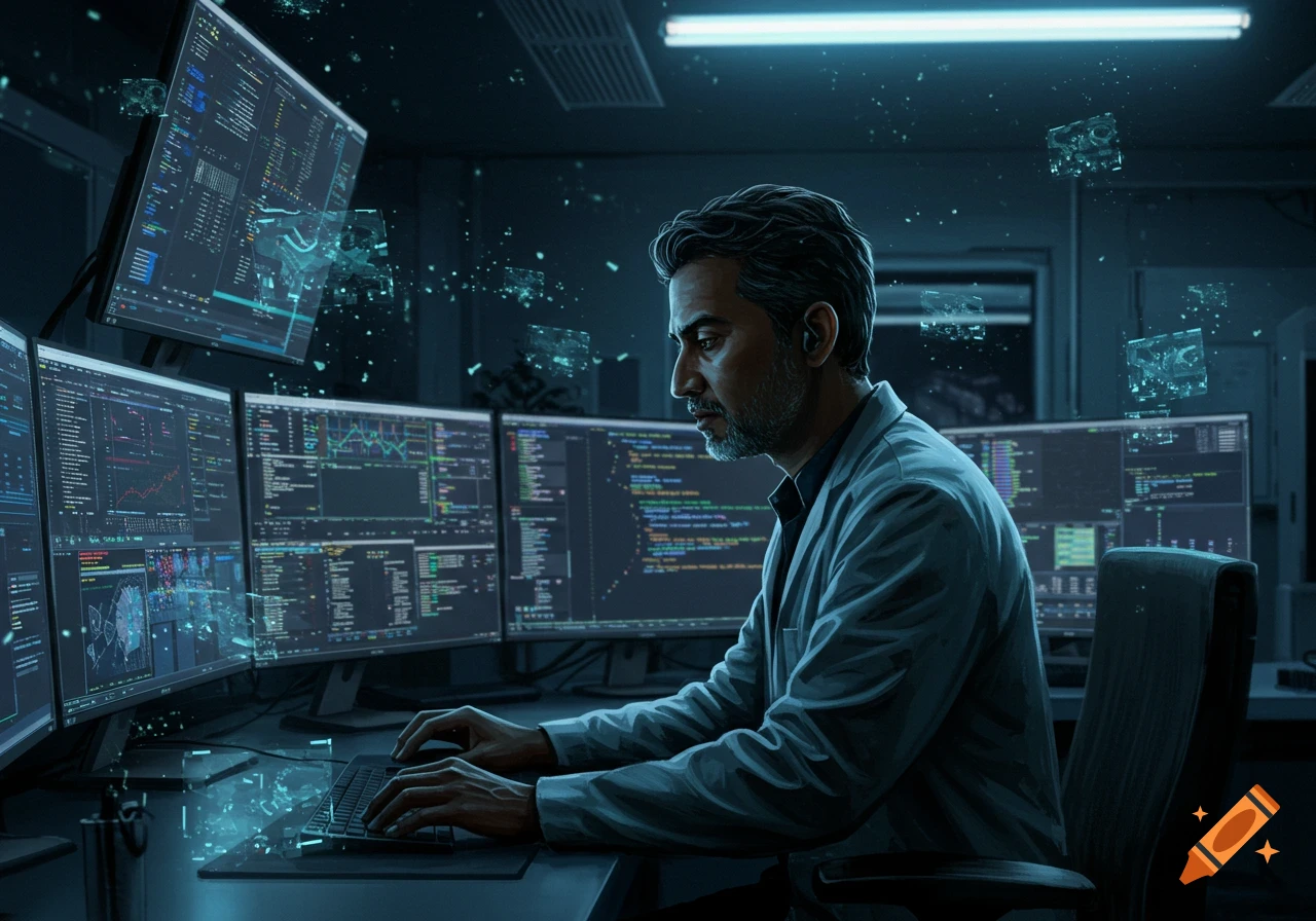 A man intently works on multiple computer screens displaying code and data in a dark, tech-filled room.