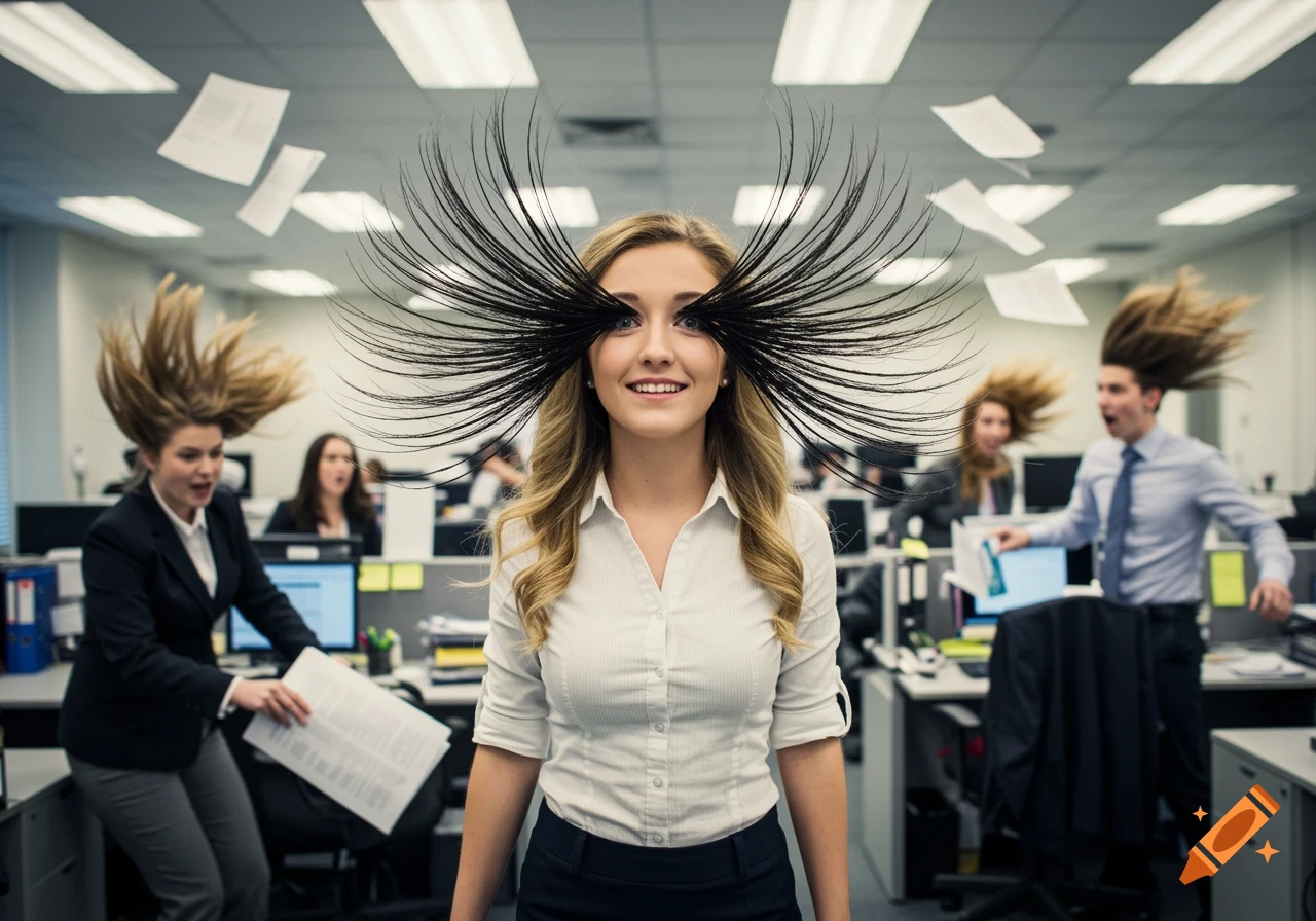 A humorous photorealistic image of a woman in an office with extremely long eyelashes, causing a windstorm that blows papers and her colleagues' hair.