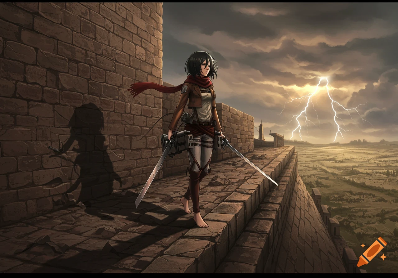 An anime character resembling Mikasa from Attack on Titan, barefoot and holding two swords, stands on a high stone wall under a stormy sky with lightning.