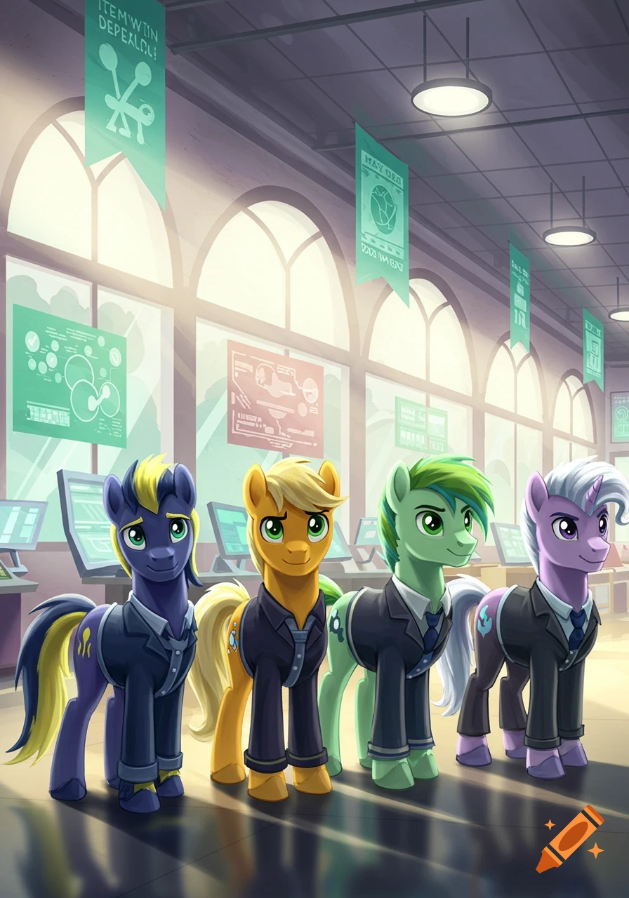 Four colorful cartoon ponies in dark suits stand in a modern, brightly lit facility with large arched windows and scientific displays.