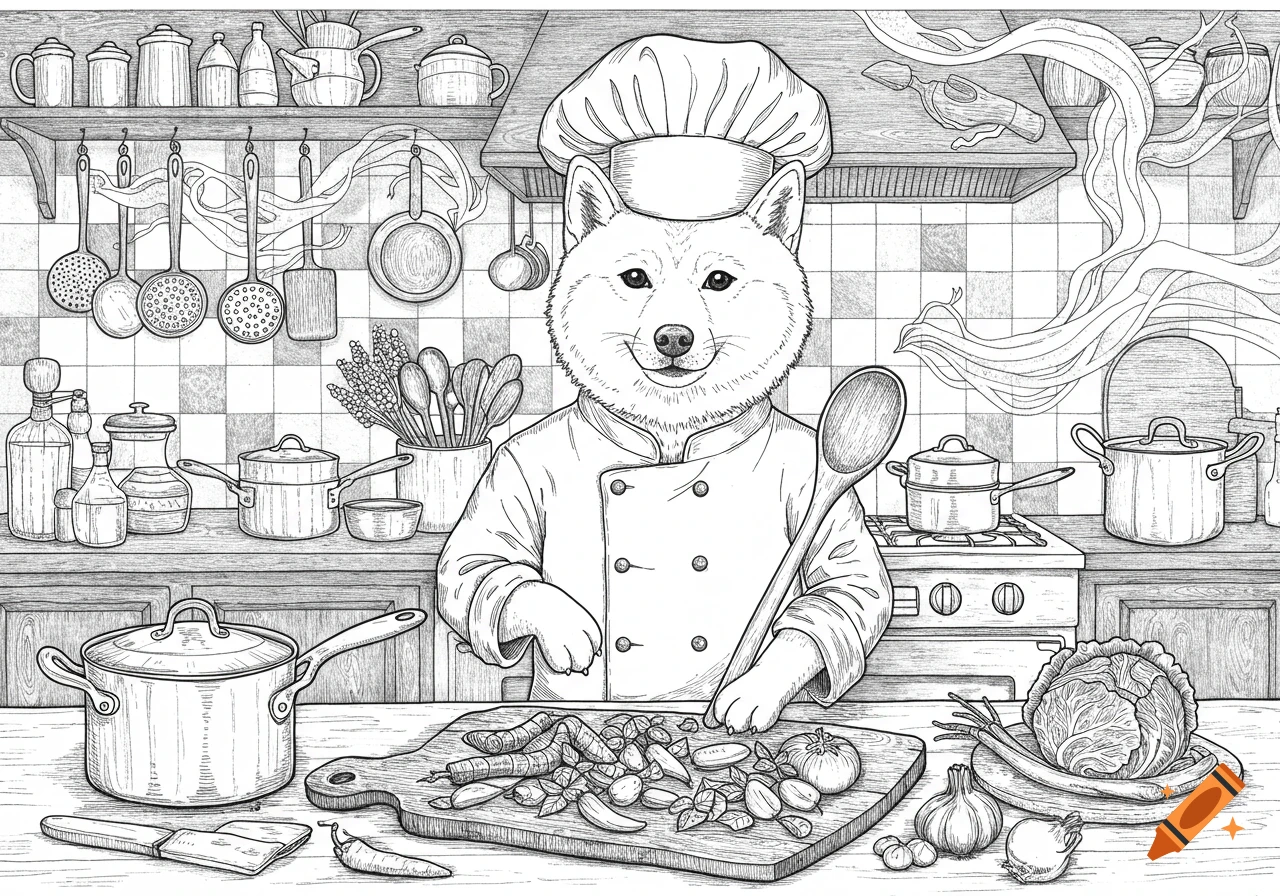 A black and white intricate coloring book image of a Shiba Inu dog dressed as a chef, preparing vegetables in a kitchen.