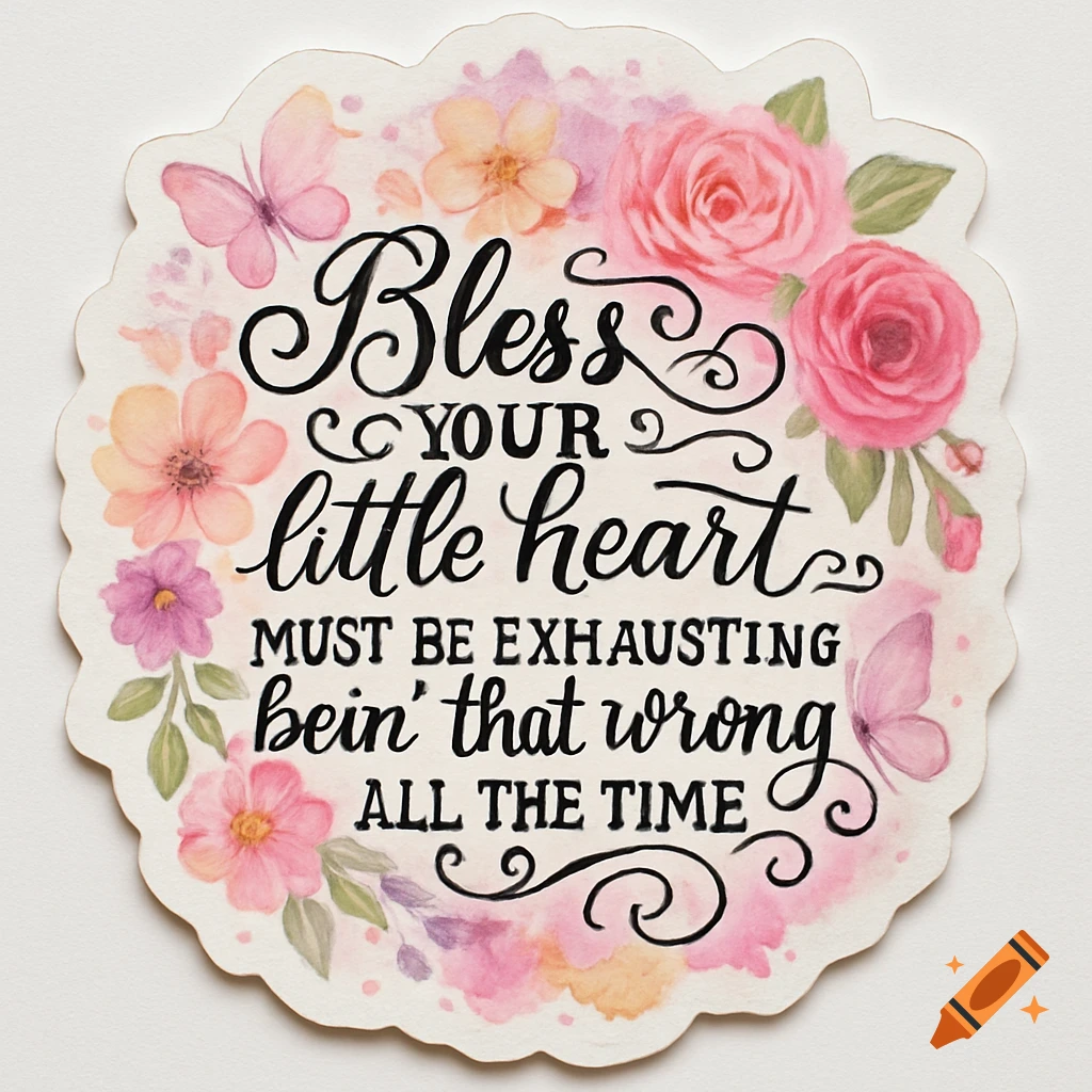 Whimsical watercolor sticker with pink and orange flowers and butterflies surrounding the text 'Bless your little heart… must be exhausting bein’ that wrong all the time.'