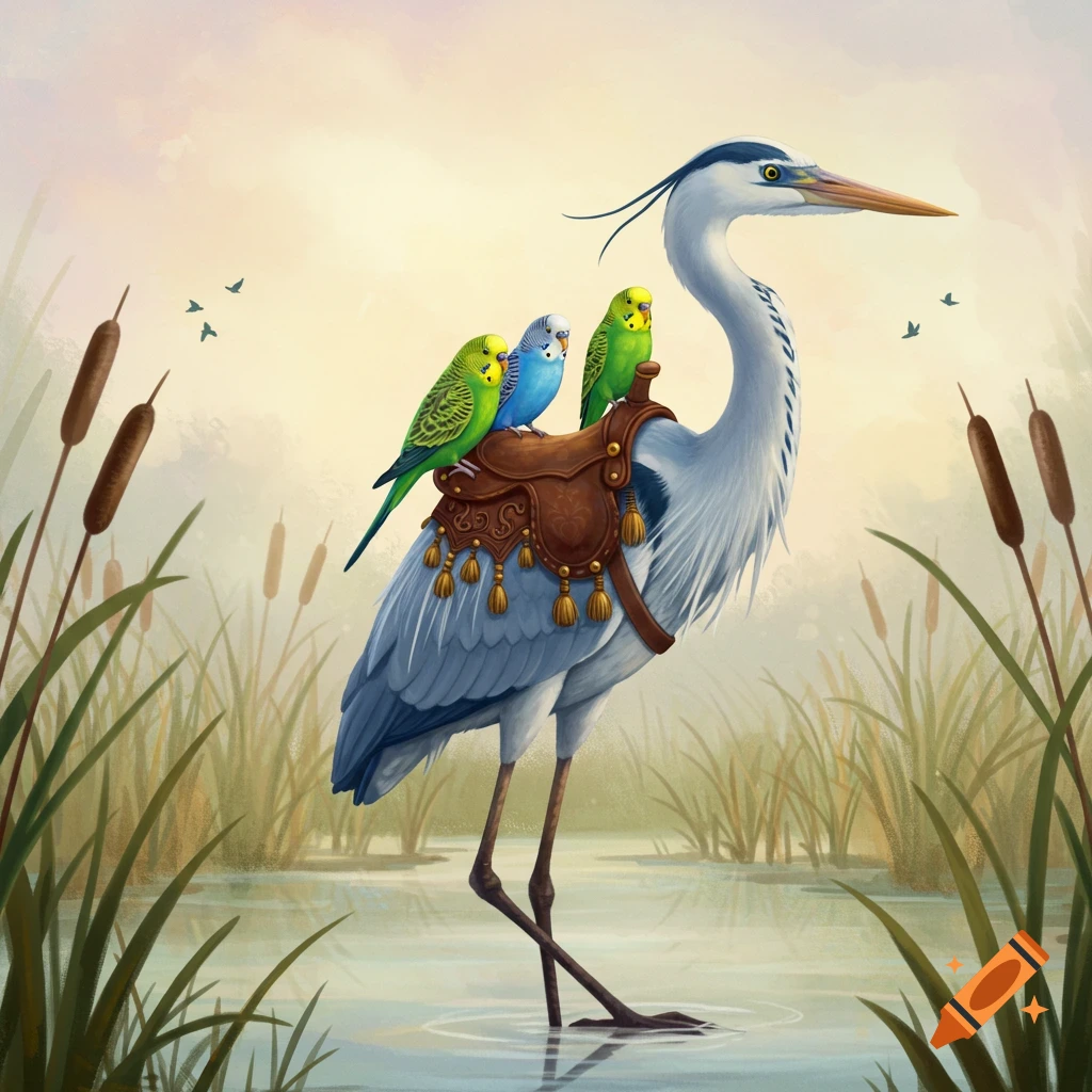Illustrated grey heron in shallow water with a saddle on its back, carrying three colorful parakeets. Reeds in marshy background.
