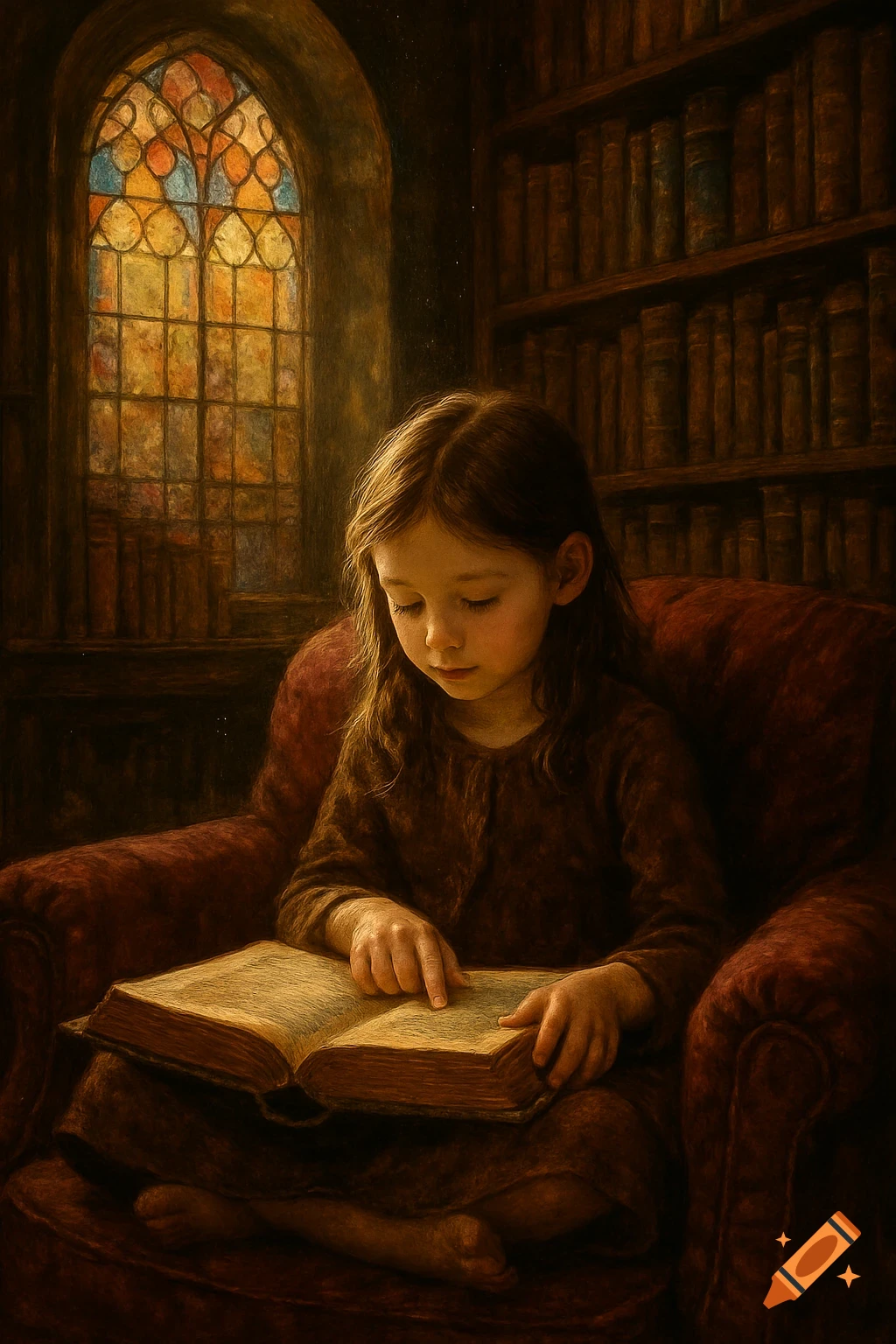A young girl reads a book in a painterly style, sitting in an armchair by a stained glass window in a dim library.