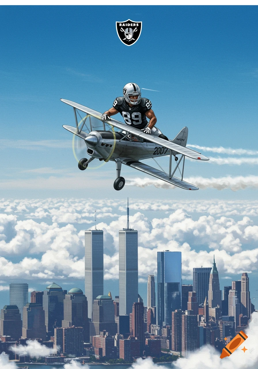 An illustration of an NFL player in a Raiders uniform, number 89, riding on top of a biplane flying above a city skyline with the Twin Towers.