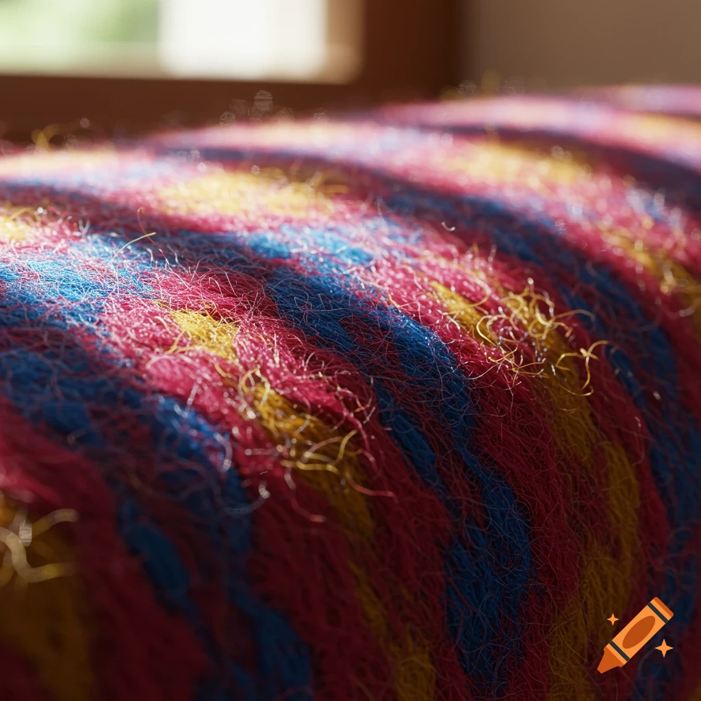 Close-up of vibrant pink, blue, and yellow felt or textured yarn, highlighting its fuzzy surface.