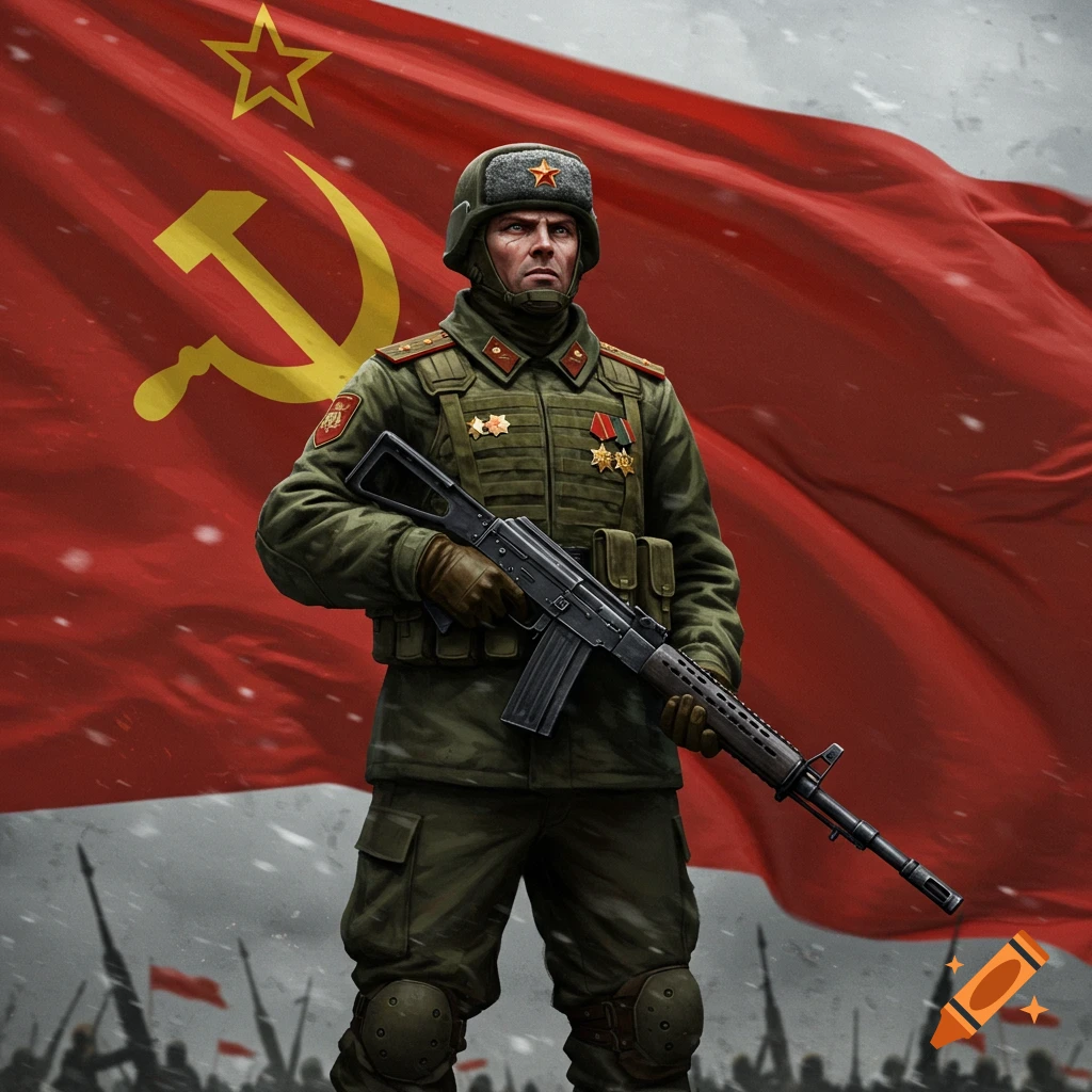 A Soviet soldier in green uniform holds a rifle in front of a large red Soviet flag with a hammer and sickle, with snow falling.
