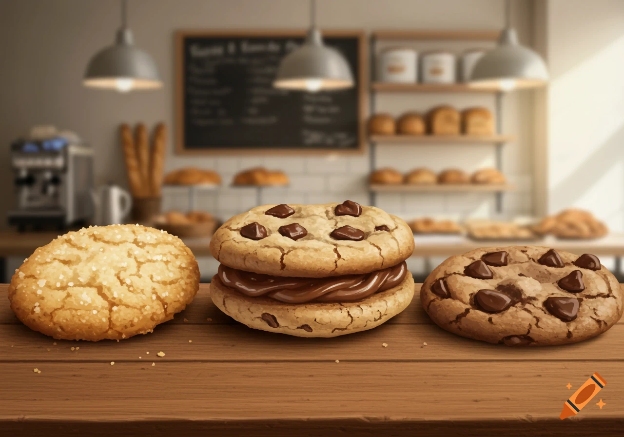 A sugar cookie, a chocolate chip cookie sandwich with filling, and a chocolate chip cookie on a wooden table in a bakery.
