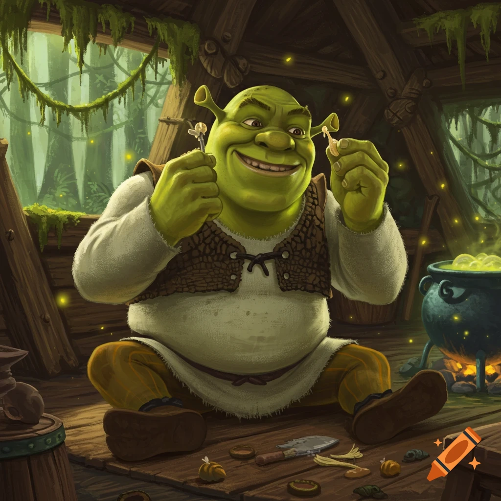 Shrek sits in his rustic hut, happily pulling wax from his ears while a cauldron bubbles nearby, digital painting.