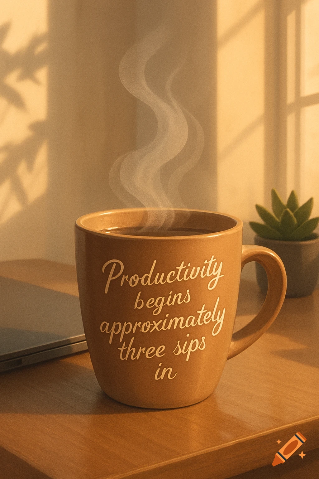 A steaming coffee mug with 'Productivity begins approximately three sips in' on a wooden desk next to a laptop and a succulent in warm light.