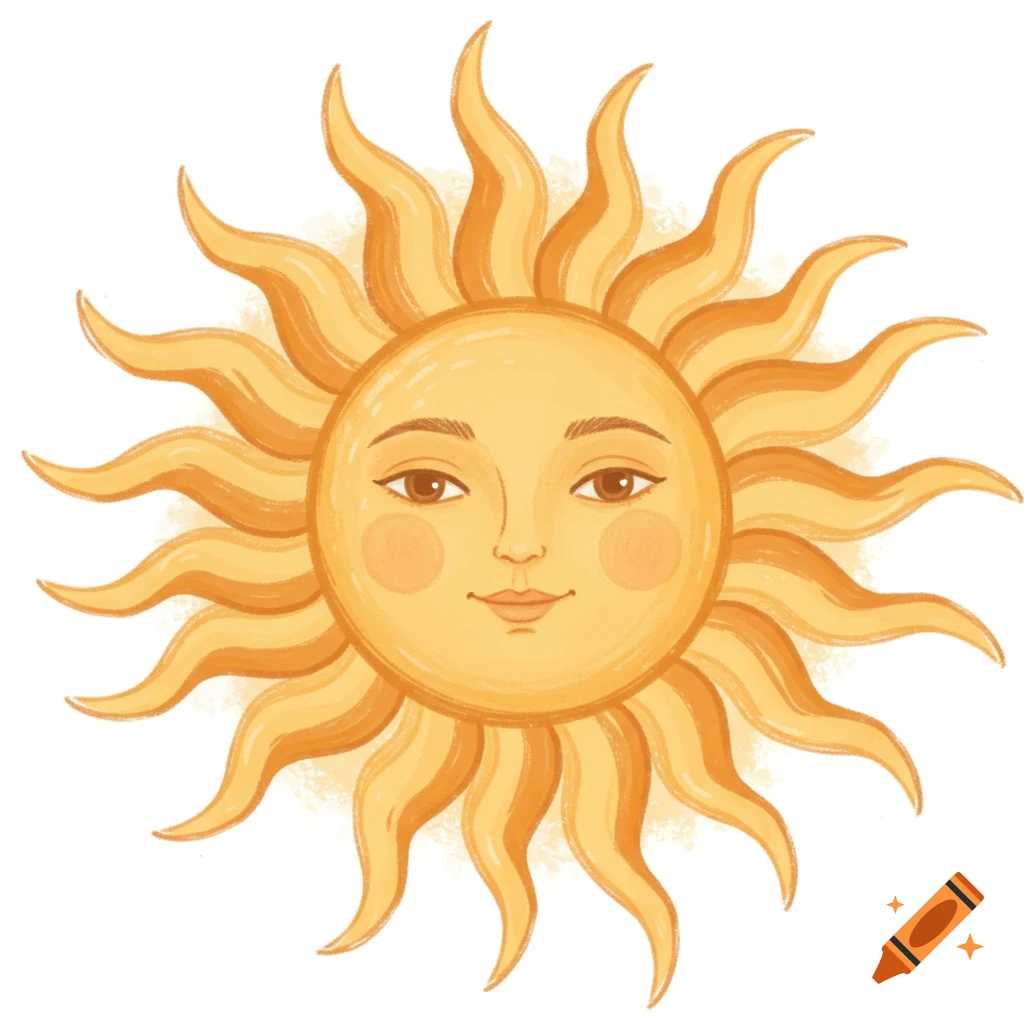 A stylized golden sun with a friendly, smiling face and wavy rays, isolated on a white background.