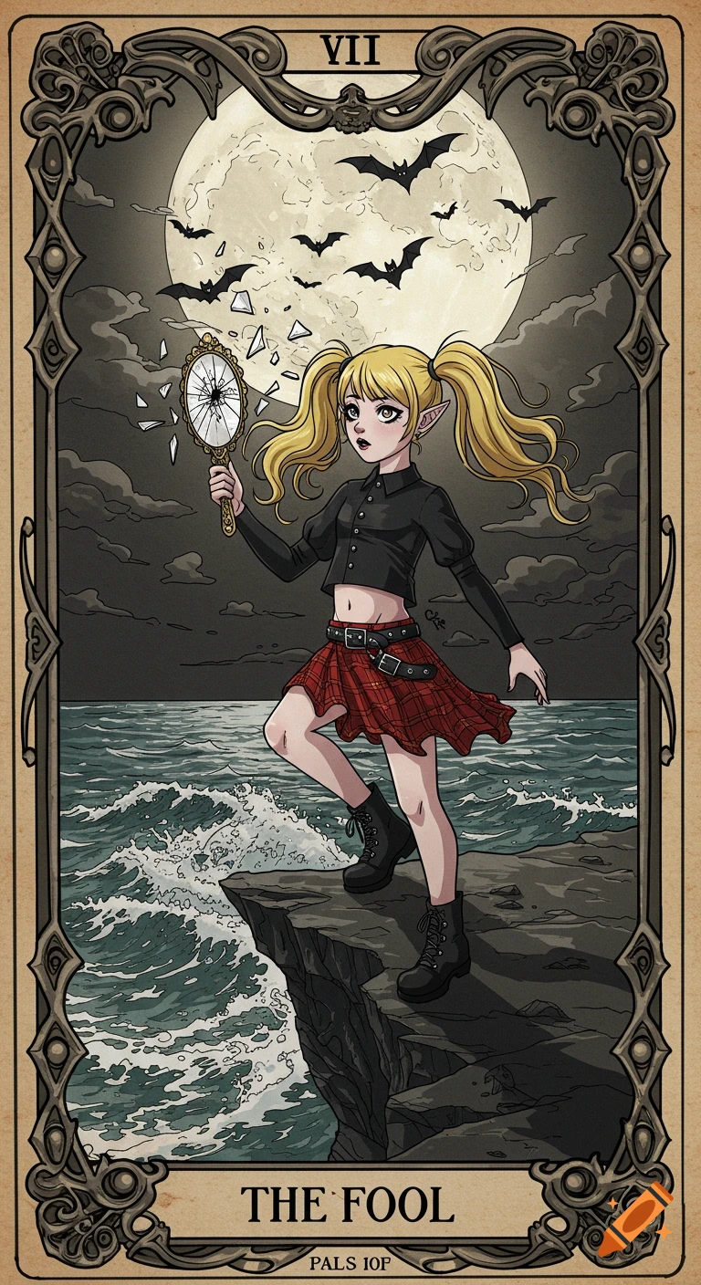 Gothic anime girl on a cliff, in a tarot card. She has blonde pigtails, a black crop top, red plaid skirt, holding a broken mirror with bats flying near a full moon.