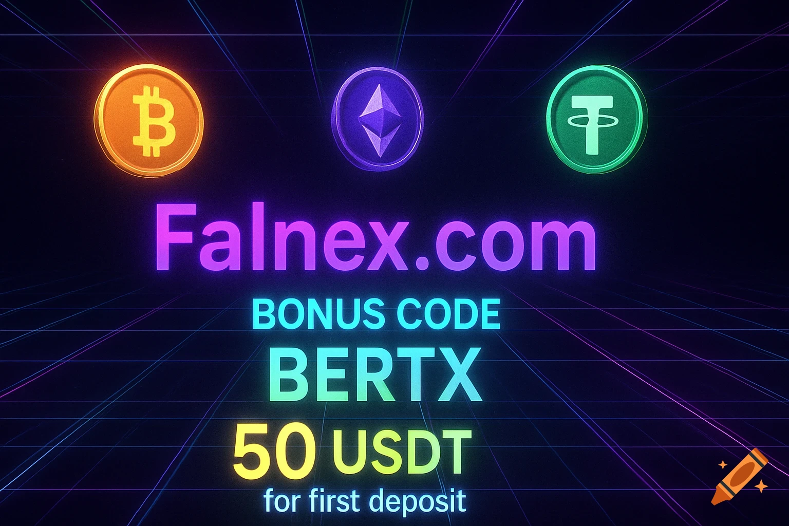 Dark, futuristic crypto ad with glowing grids, Bitcoin, Ethereum, USDT coins, and neon text: 'Falnex.com BONUS CODE BERTX 50 USDT for first deposit'.