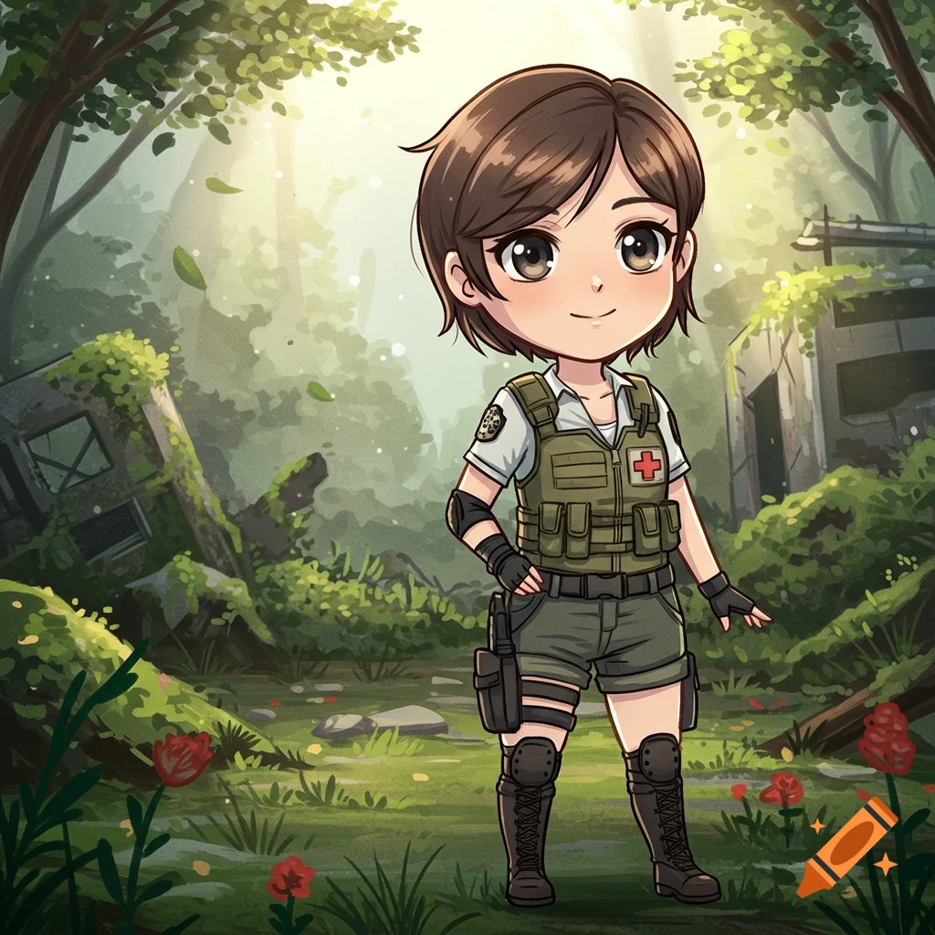A cute chibi-style anime girl in military gear stands in an overgrown, post-apocalyptic forest.