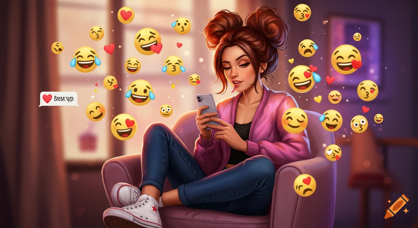 Cartoon-style illustration of a girl on a phone in an armchair, surrounded by floating emojis, with a text bubble saying "Вreak ур."