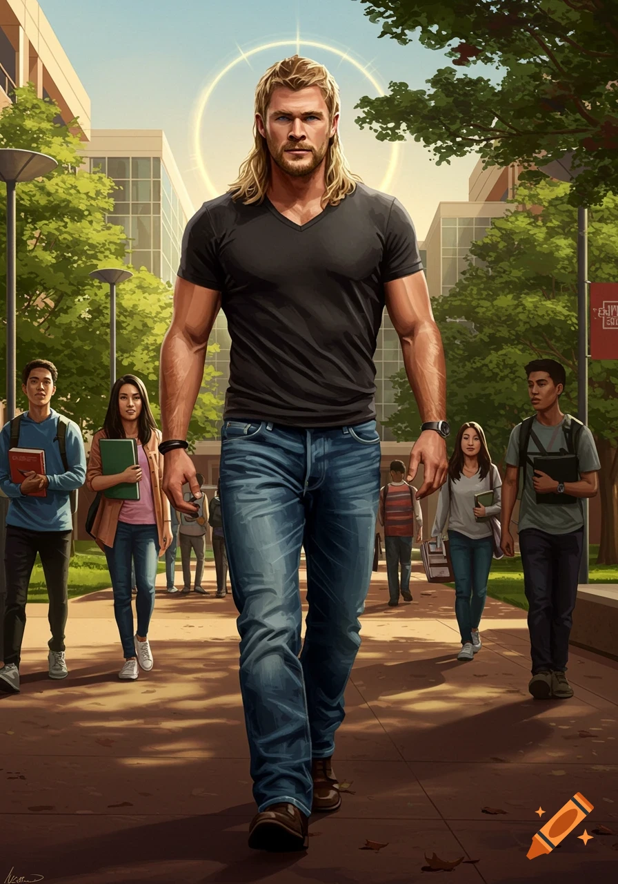 Muscular man resembling Thor with long blonde hair walks on a college campus pathway in a black V-neck shirt and jeans. Digital illustration.