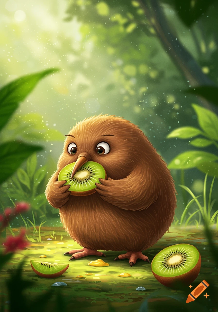 A cute animated kiwi bird holding and eating a slice of kiwi fruit in a lush green forest.