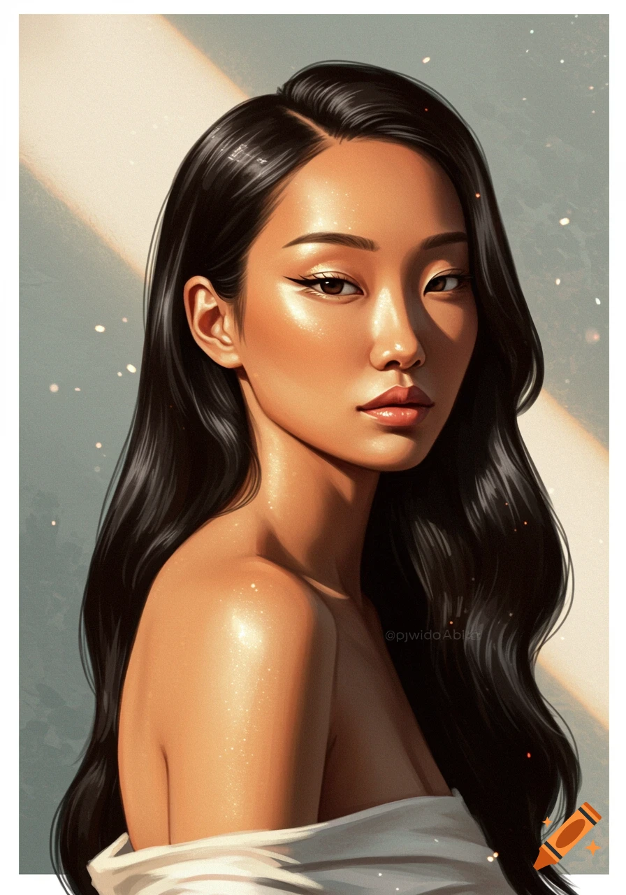 Digital painting of an Asian woman with long dark hair and light brown skin, looking directly at the viewer.