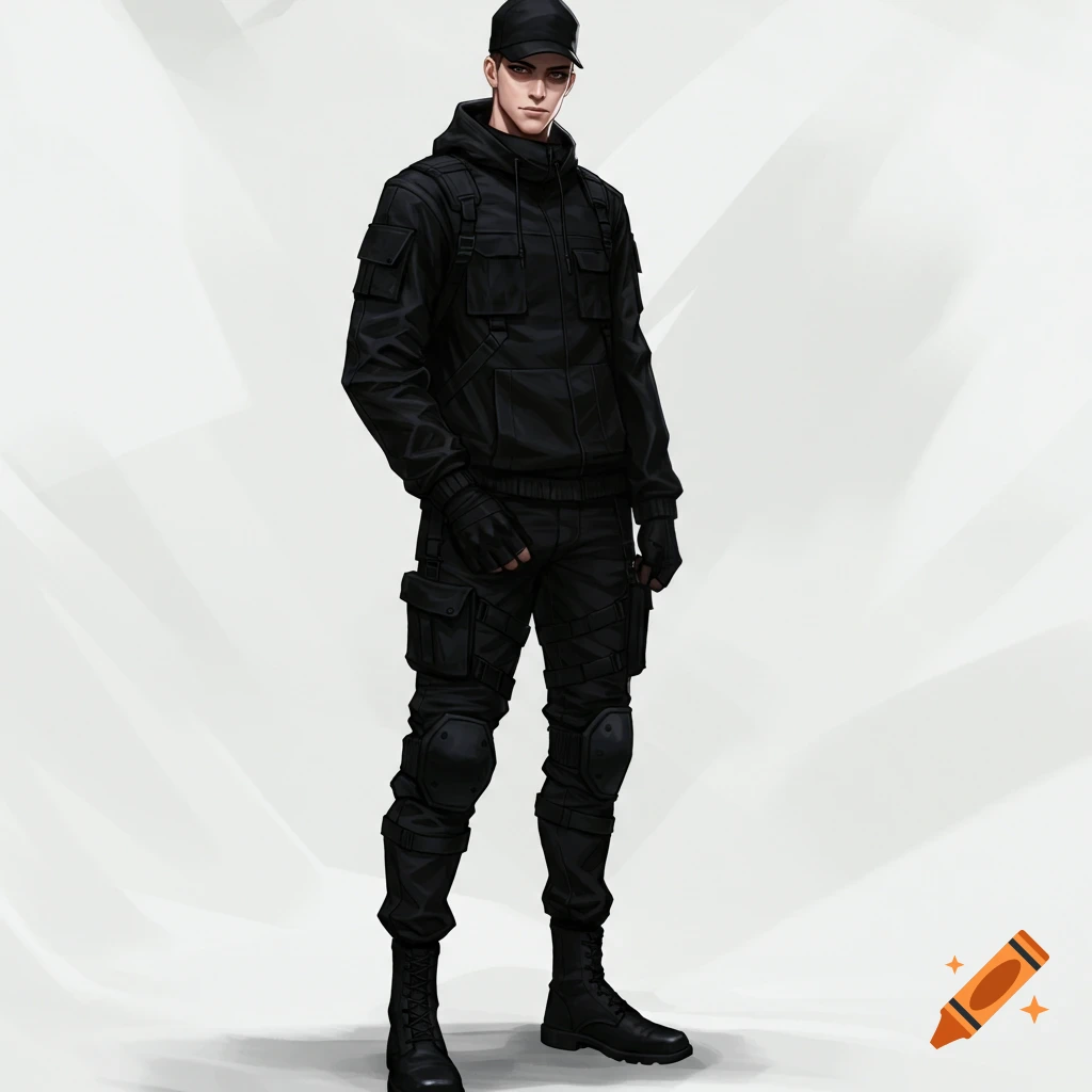 A full-body anime-style illustration of a young man in a black tactical hoodie, black pants, boots, and cap, standing on a white background.