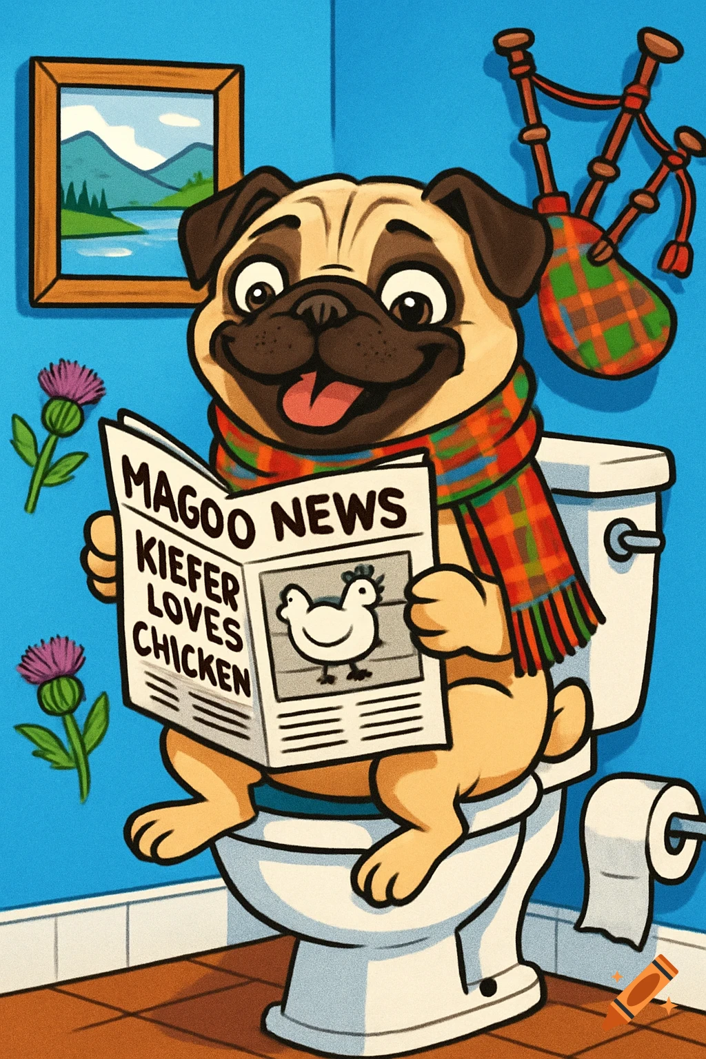 A happy cartoon pug wearing a tartan scarf sits on a toilet, reading a newspaper titled "MAGOO NEWS" with the headline "KIEFER LOVES CHICKEN." Bagpipes, thistles, and a framed loch painting decorate the blue bathroom wall.