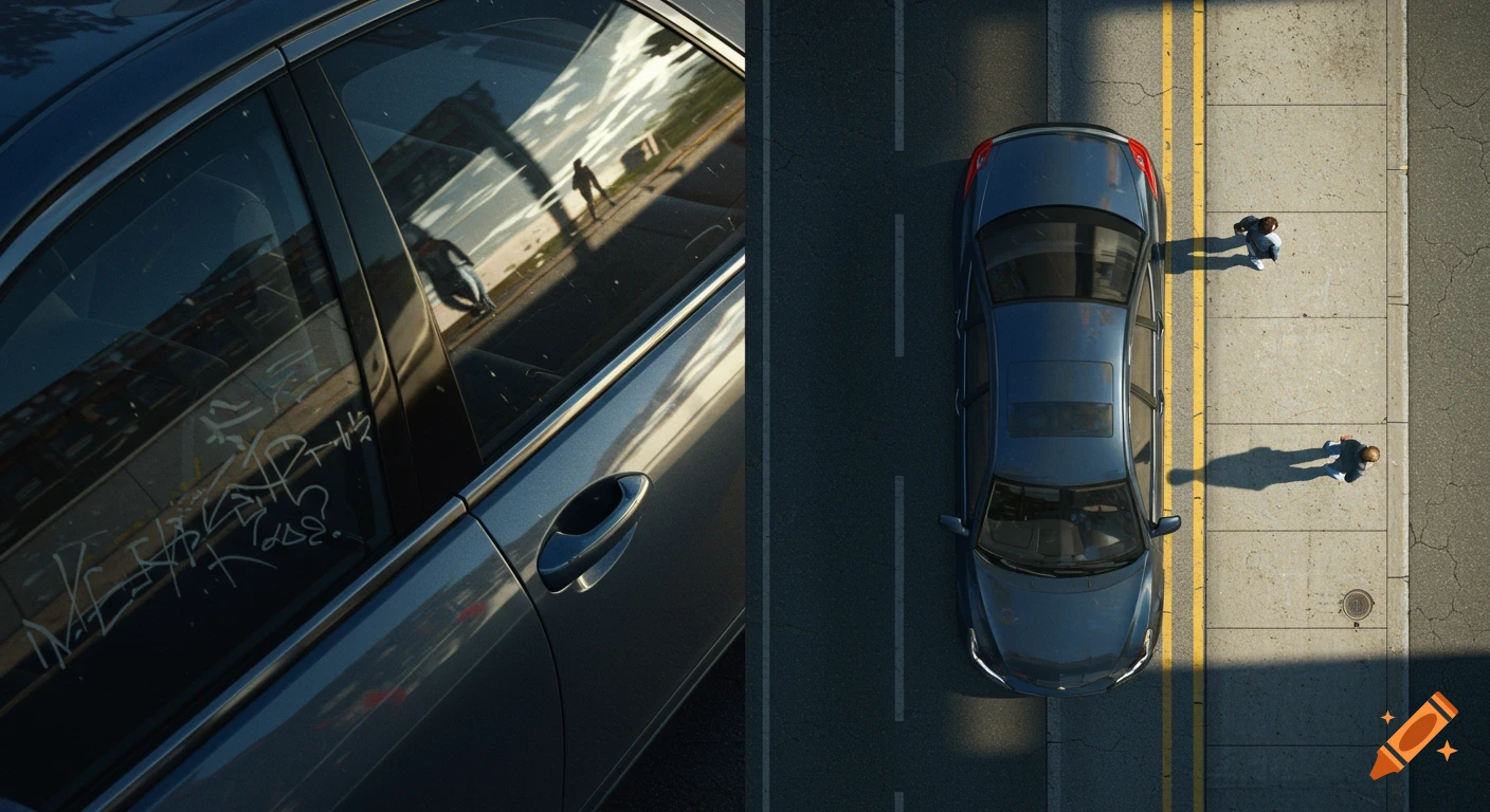 Two panels showing a car on a street. The left panel is a close-up of a car window reflection. The right panel is an overhead view of the car and two pedestrians.