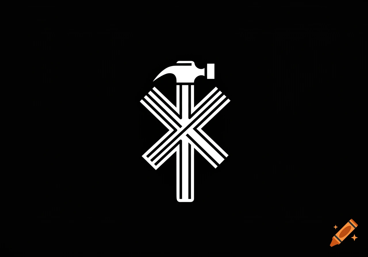 Minimalist black and white vector illustration of a hammer forming a cross shape above a stylized asterisk made of parallel lines.