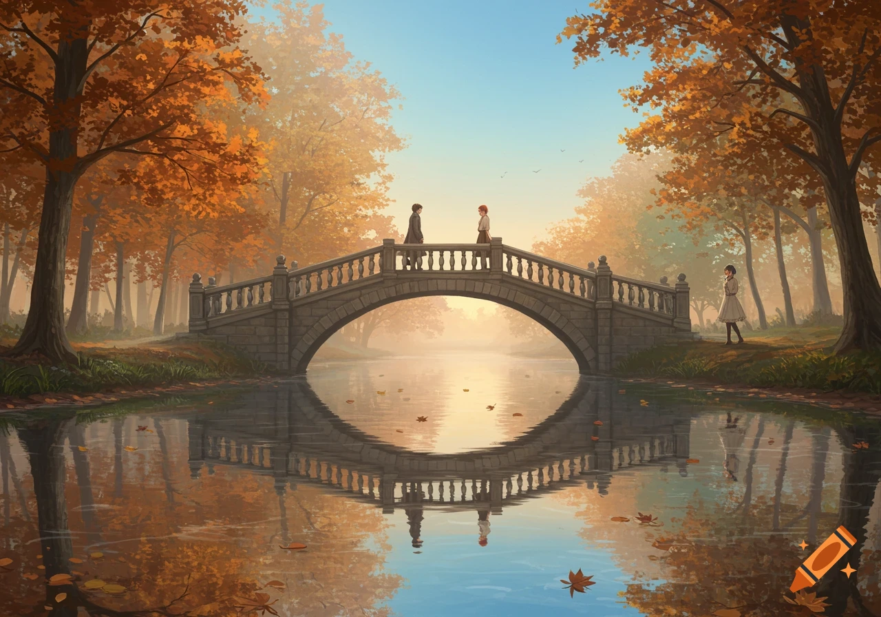 Illustrative view of a stone bridge over water in an autumn park with colorful trees and three people.
