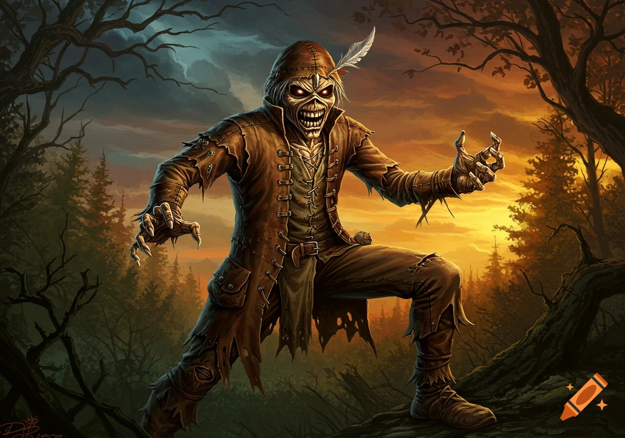 Eddie the Head, Iron Maiden's mascot, depicted as a menacing woodsman with glowing eyes in a dark forest at sunset, drawn in the style of Derek Riggs.