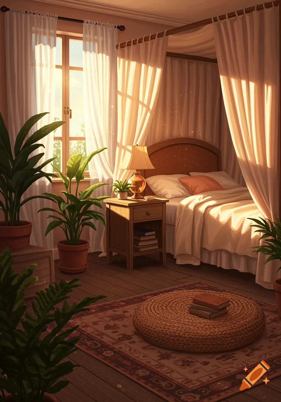 A sunlit aesthetic bedroom with a four-poster bed, bedside table, numerous potted plants, and a woven floor cushion on a patterned rug.