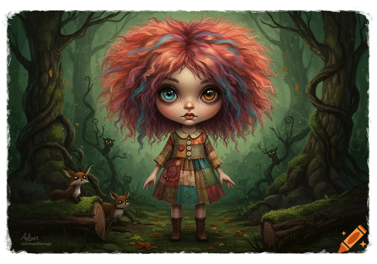 A stylized illustration of a big-eyed, doll-like girl with colorful wild hair standing in a dark forest.