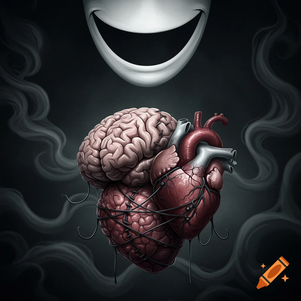 A human brain and heart stitched together, floating above a dark, smoky background with a white smiling mask looming above.