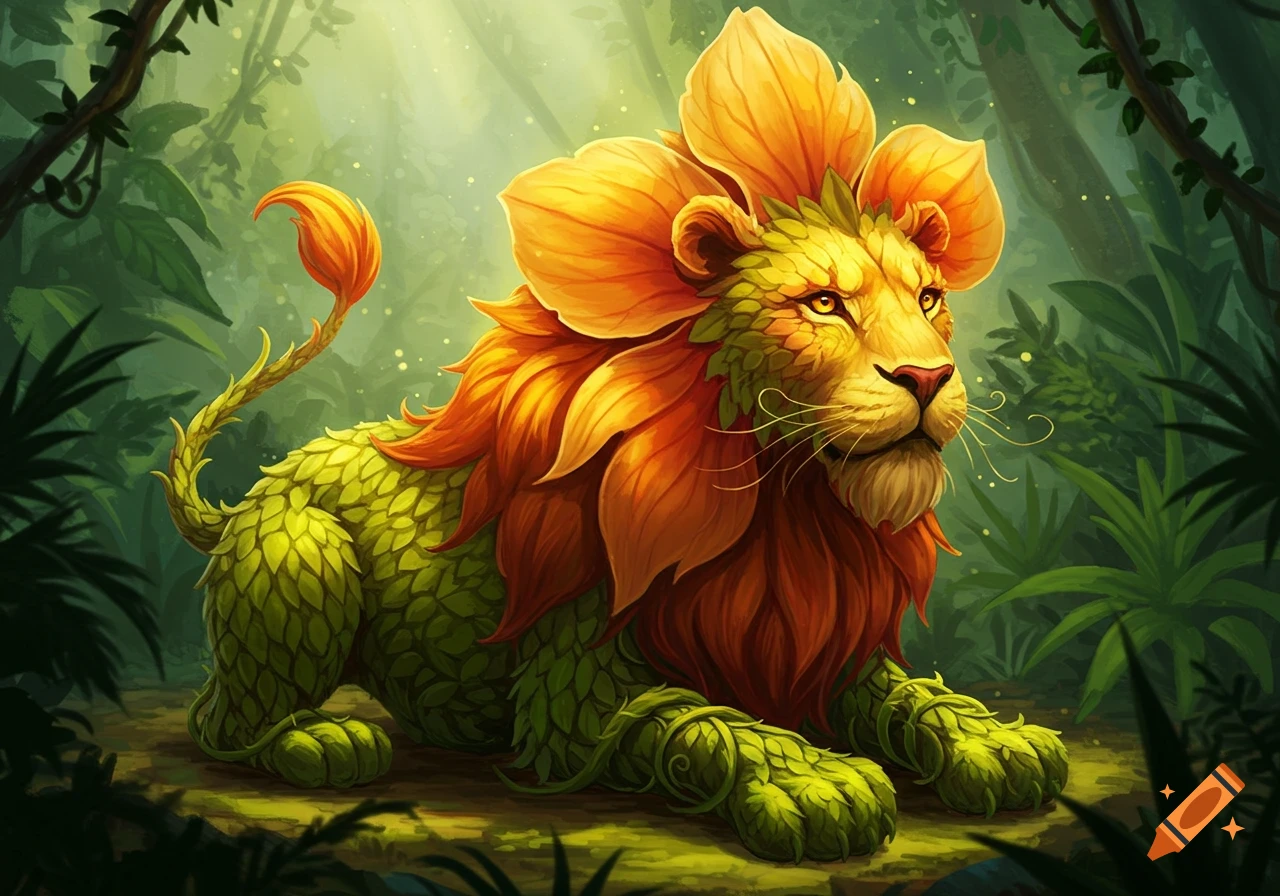 An illustrative fantasy creature, a lion-plant hybrid, with a leafy green body and orange-yellow petal mane, in a lush jungle.