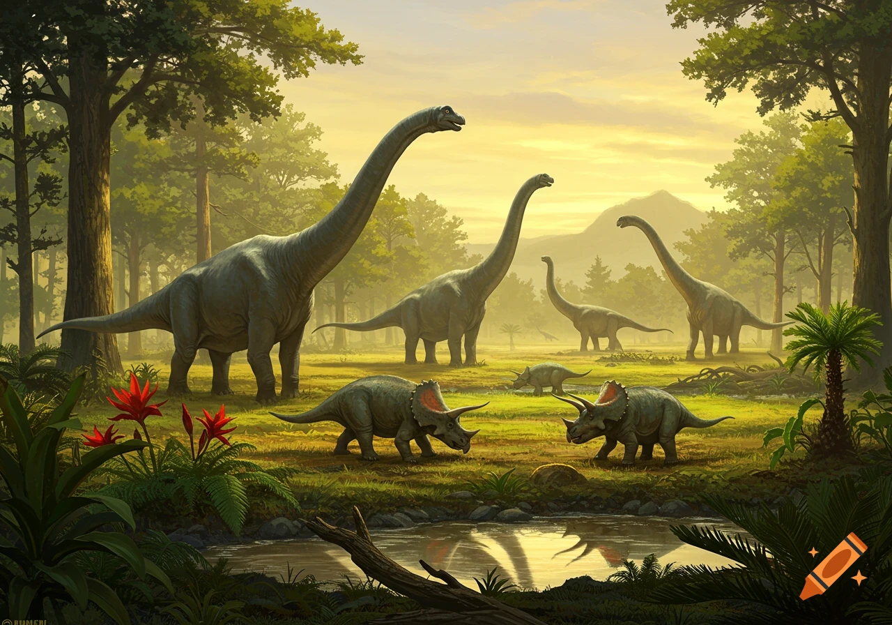 Various dinosaurs, including long-necked sauropods and horned dinosaurs, graze near a pond in a lush prehistoric forest at sunset.