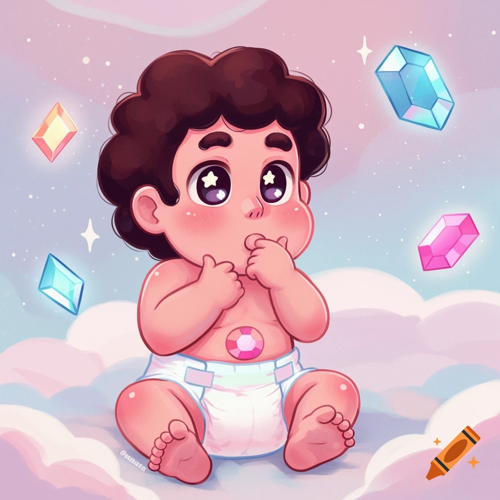 Baby Steven Universe sits on clouds in a pastel sky, surrounded by glowing gems, rendered in a cute cartoon style.