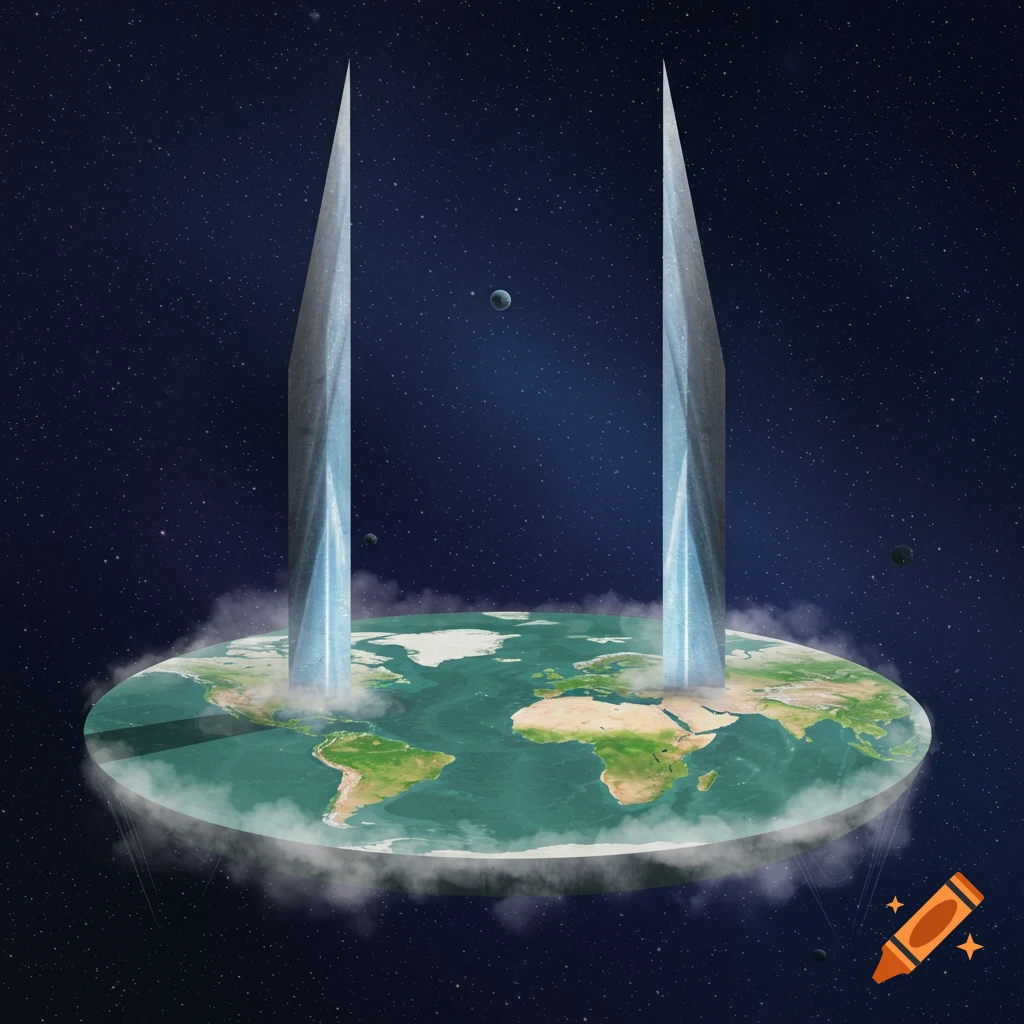 A surreal image of a flat Earth floating in space with two sharp, tall pillars rising from its surface into the starry void. Planets are visible in the background.