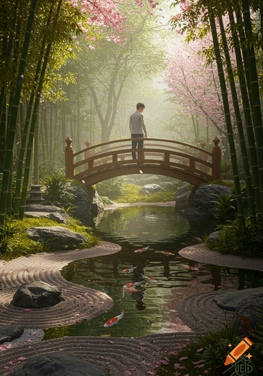 A person on a wooden bridge overlooks a koi pond in a serene Japanese garden with bamboo trees and pink cherry blossoms.